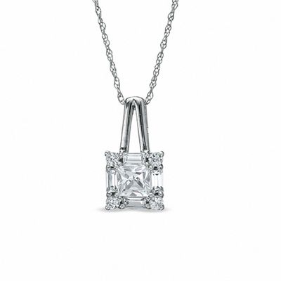 Square-Cut Lab-Created White Sapphire Framed Pendant in 10K White Gold