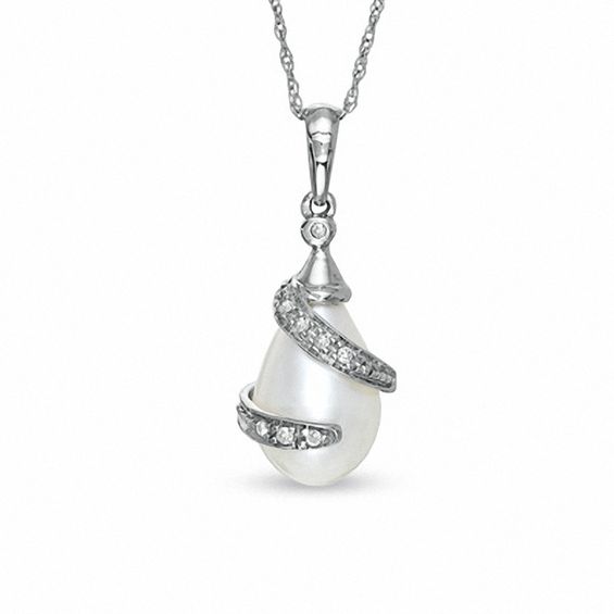 Freshwater Cultured Pearl and Diamond Accent Wrap Pendant in 10K White Gold