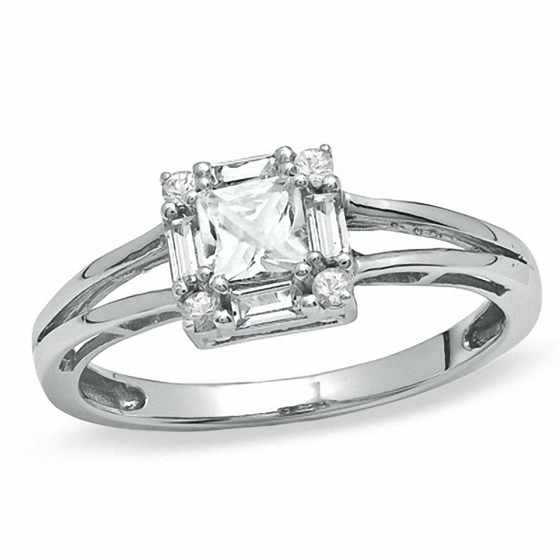 Square-Cut Lab-Created White Sapphire Framed Ring in 10K White Gold|Peoples Jewellers