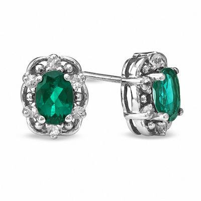 Oval Lab-Created Emerald and White Sapphire Earrings in Sterling Silver