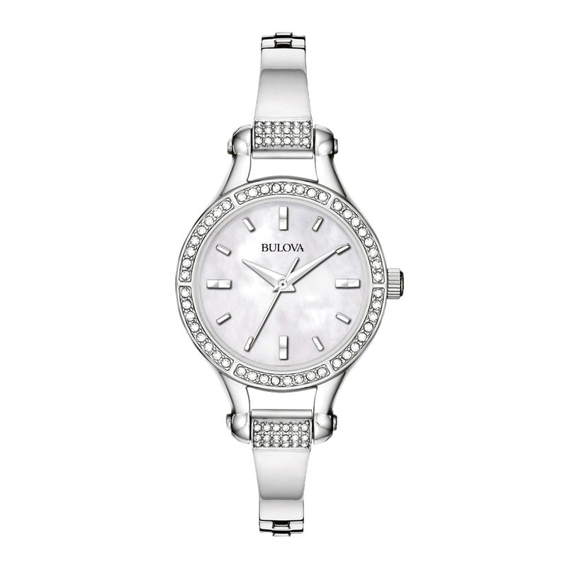 Ladies' Bulova Crystal Bangle Watch with Mother-of-Pearl Dial (Model: 96L128)
