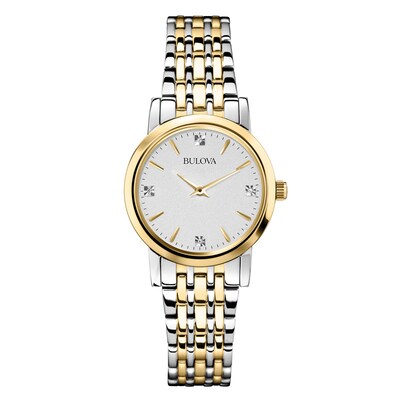 Ladies' Bulova Diamond Accent Two-Tone Watch with Silver-Tone Dial (Model: 98P115)