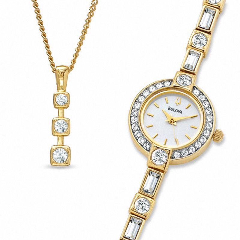 Ladies' Bulova Gold-Tone Watch and Necklace Boxed Set (Model: 98X106)