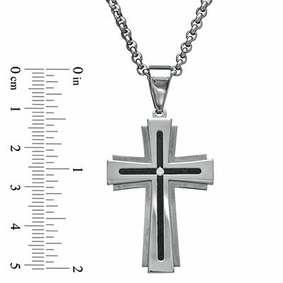 Men's Diamond Accent Cross Pendant in Stainless Steel with Black Inlay - 24"