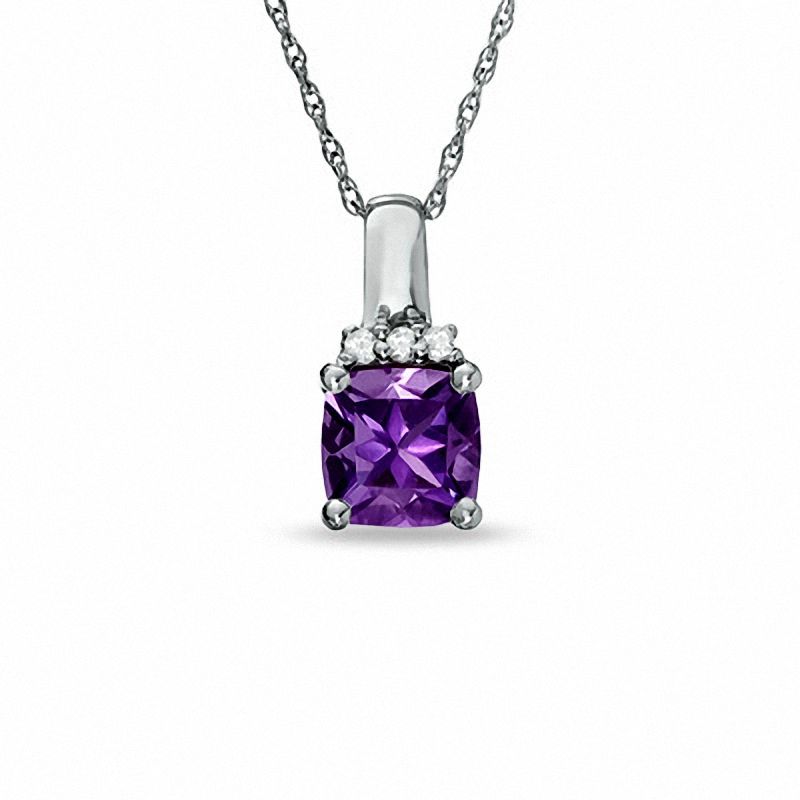 6.0mm Cushion-Cut Amethyst and Lab-Created White Sapphire Accent Pendant in 10K White Gold
