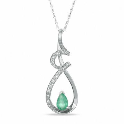 Pear-Shaped Emerald and 0.10 CT. T.W. Diamond Swirl Drop Pendant in 14K White Gold