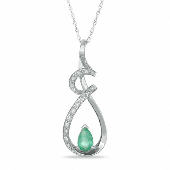 Pear-Shaped Emerald and 0.10 CT. T.W. Diamond Swirl Drop Pendant in 14K White Gold