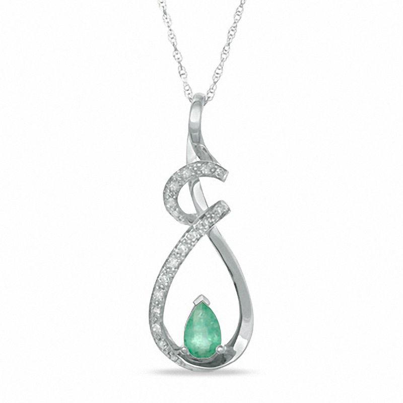 Pear-Shaped Emerald and 0.10 CT. T.W. Diamond Swirl Drop Pendant in 14K White Gold|Peoples Jewellers