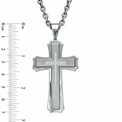 0.24 CT. T.W. Diamond Stacked Cross Pendant in Two-Tone Stainless Steel - 24"