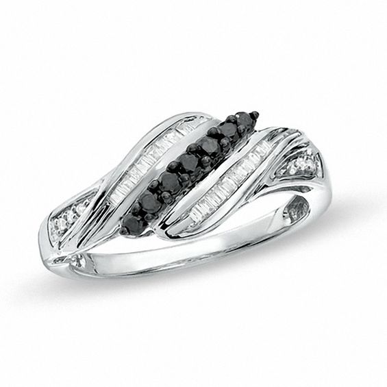 0.25 CT. T.W. Baguette Enhanced Black and White Diamond Fashion Ring in Sterling Silver