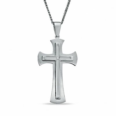 Men's Diamond Accent Cross Pendant in Stainless Steel - 24"