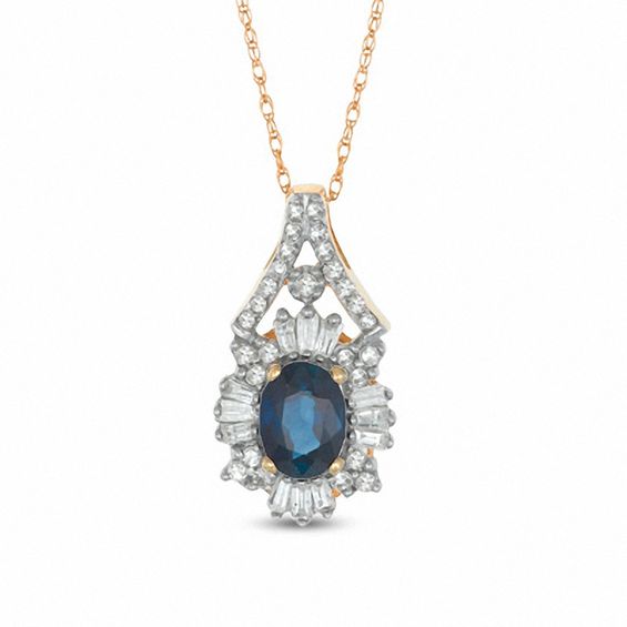 Oval Blue Sapphire 0.33 CT. T.W. Diamond Flower Pendant in 14K Gold