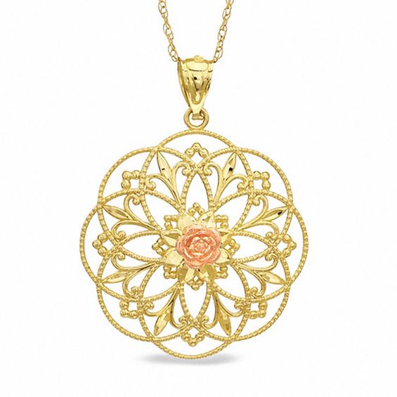 Filigree with Rose Pendant in 10K Two-Tone Gold - 17"