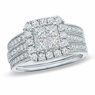 1.50 CT. T.W. Quad Princess-Cut Diamond Framed Bridal Set in 14K White ...