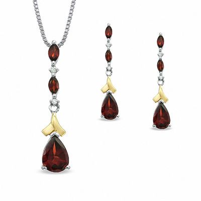 Pear-Shaped Garnet and Diamond Accent Pendant and Earrings Set in Sterling Silver and 14K Gold