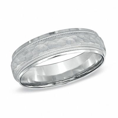 Men's 6.0mm Matte Hammered Wedding Band in 10K White Gold