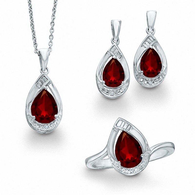 Pear-Shaped Garnet and Diamond Accent Three Piece Set in Sterling Silver|Peoples Jewellers