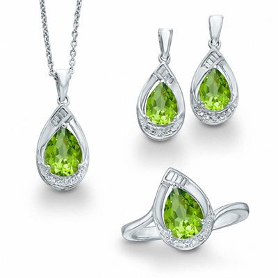 Pear-Shaped Peridot and Diamond Accent Three Piece Set in Sterling Silver - Size 7