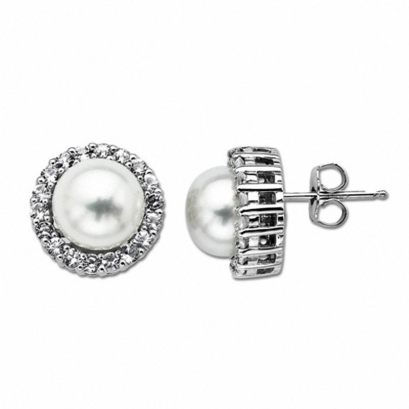 9.0mm Baroque Freshwater Cultured Pearl and White Topaz Stud Earrings in Sterling Silver|Peoples Jewellers