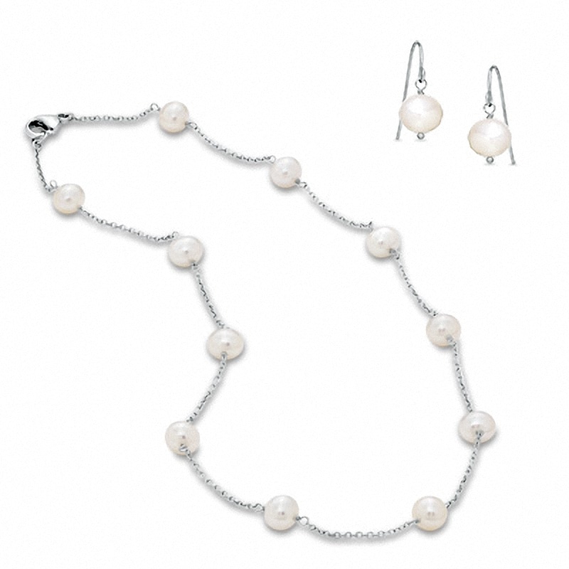Honora 7.5-8.0mm Freshwater Cultured Pearl Illusion Necklace and Earrings Set in Sterling Silver