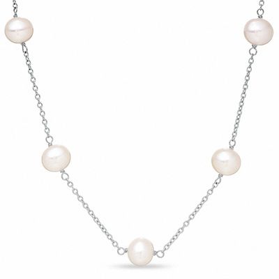 Honora 7.5-8.0mm Freshwater Cultured Pearl Illusion Necklace and Earrings Set in Sterling Silver