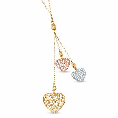 Triple Dangle Heart Pendant in 10K Tri-Tone Gold - 17"