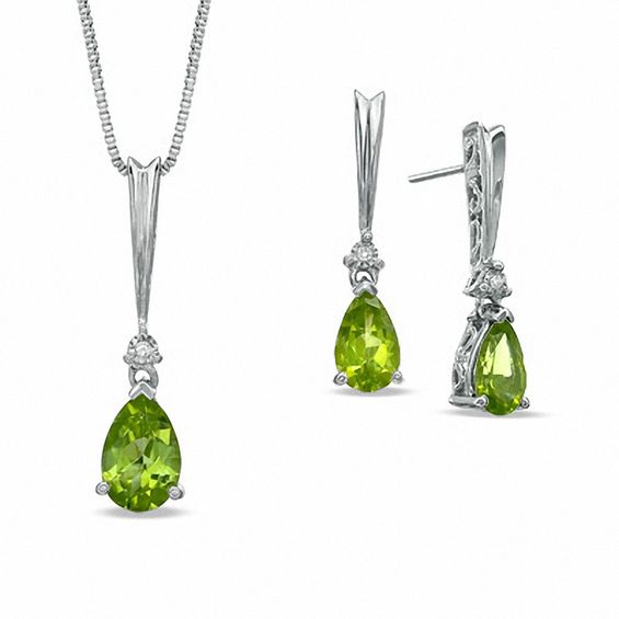 Pear-Shaped Peridot and Diamond Accent Pendant and Earrings Set in Sterling Silver