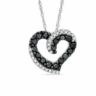 0.38 CT. T.W. Enhanced Black and White Diamond Double Heart Pendant in 10K White Gold