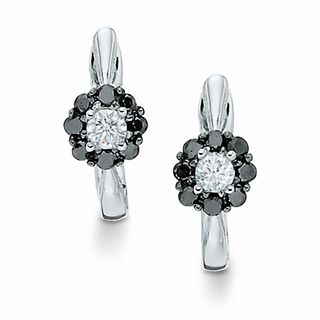 0.20 CT. T.W. Enhanced Black and White Diamond Floret Hoop Earrings in 10K White Gold