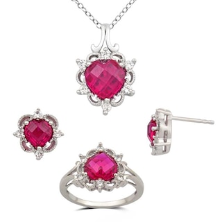 Heart-Shaped Lab-Created Ruby and White Sapphire Pendant, Ring and Earrings Set in Sterling Silver - Size 7