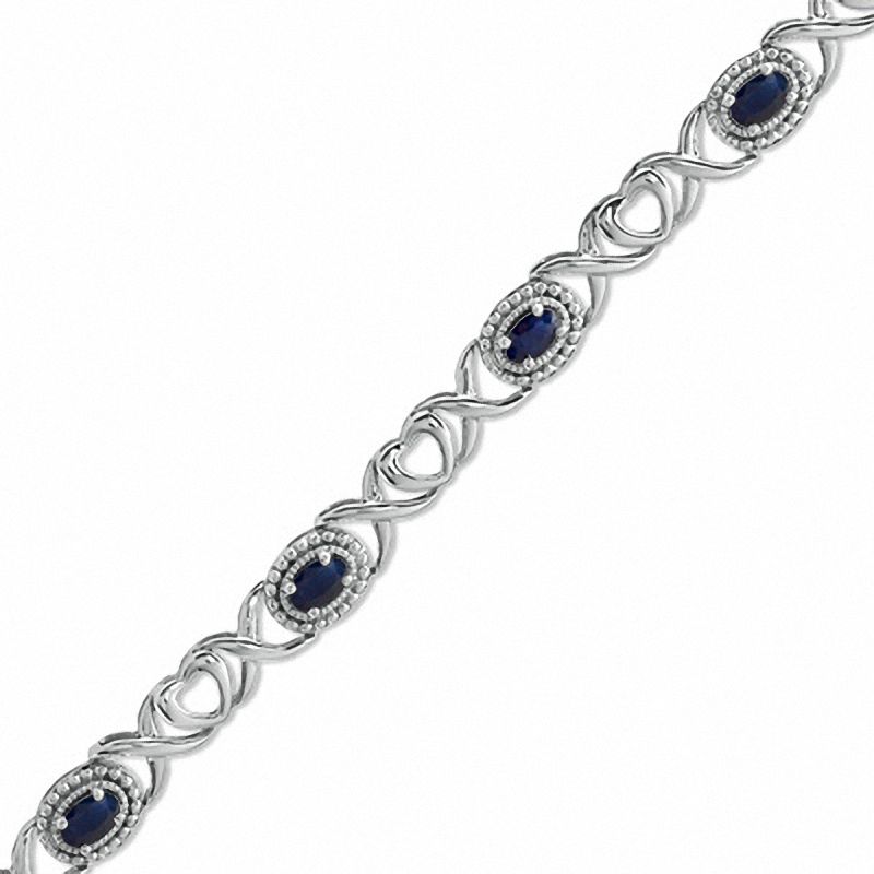 Oval Sapphire Heart and "X" Link Bracelet in Sterling Silver - 7.25"|Peoples Jewellers