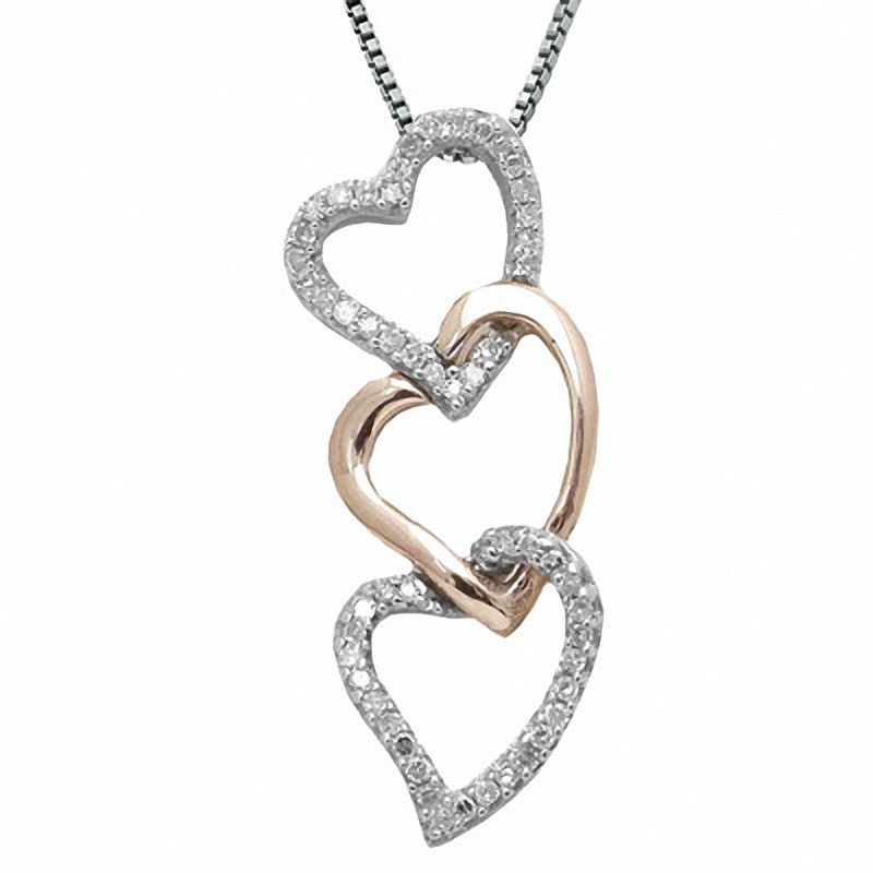 0.15 CT. T.W. Diamond Triple Heart Pendant in Sterling Silver and 10K Rose Gold