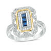 Thumbnail Image 0 of Princess-Cut Blue Sapphire and 0.11 CT. T.W. Diamond Vintage-Style Ring in Sterling Silver and 14K Gold