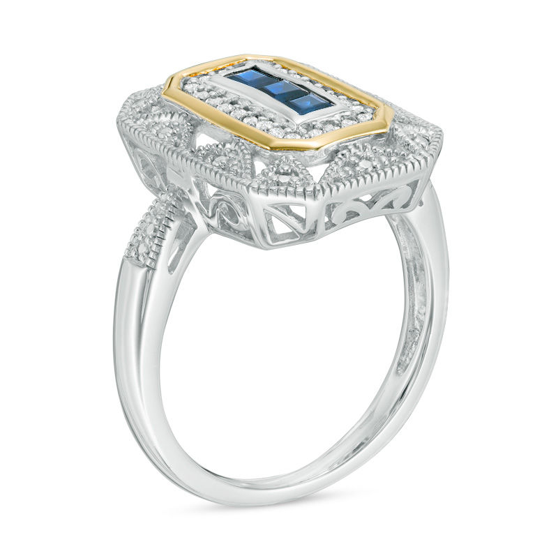 Princess-Cut Blue Sapphire and 0.11 CT. T.W. Diamond Vintage-Style Ring in Sterling Silver and 14K Gold