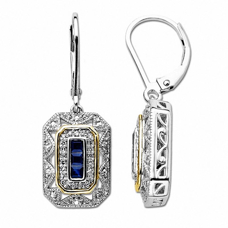 Princess-Cut Blue Sapphire and 0.12 CT. T.W. Diamond Vintage-Style Drop Earrings in Sterling Silver and 14K Gold|Peoples Jewellers