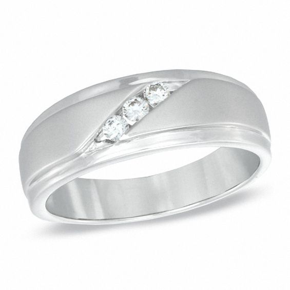 Men's 0.15 CT. T.W. Diamond Slant Wedding Band in 10K White Gold