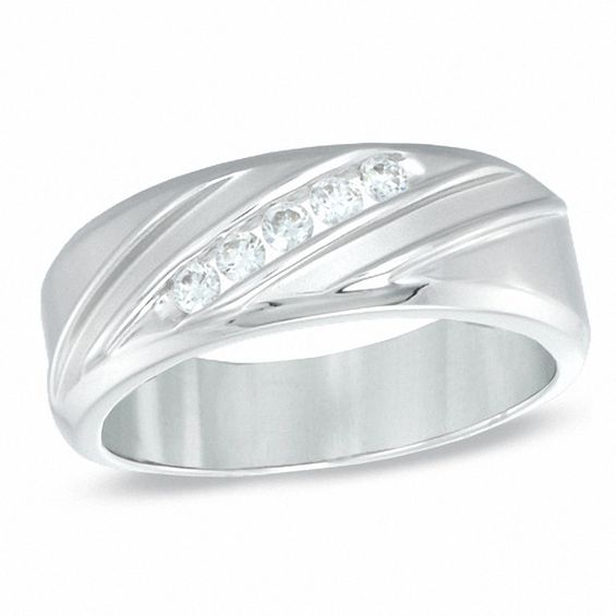 Men's 0.25 CT. T.W. Diamond Slant Wedding Band in 10K White Gold