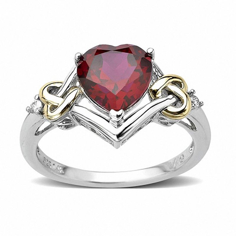 8.0mm Heart-Shaped Lab-Created Ruby and Diamond Accent Love Knot Ring in Sterling Silver and 14K Gold|Peoples Jewellers
