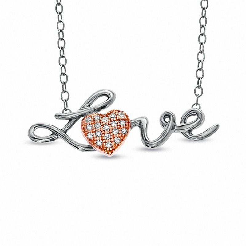 Diamond Accent LOVE Heart Pendant in Sterling Silver and 10K Rose Gold