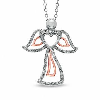 0.11 CT. T.W. Diamond Outline Heart Angel Pendant in Sterling Silver and 10K Rose Gold