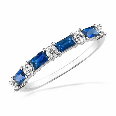 0.22 CT. T.W. Diamond and Baguette Blue Sapphire Band in 14K White Gold