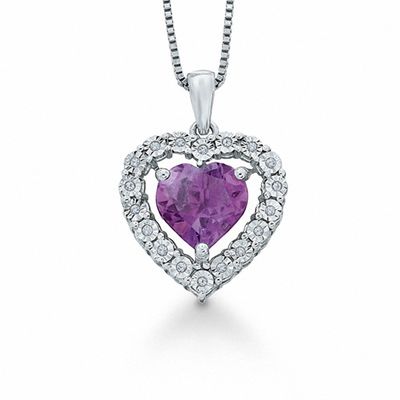 Heart-Shaped Amethyst with Diamond Accent Frame Pendant in Sterling Silver