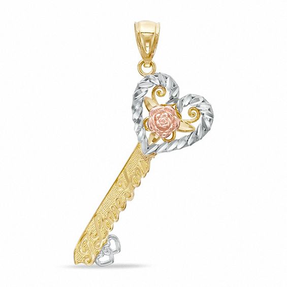 "I Love You" Heart Key Charm in 10K Tri-Tone Gold