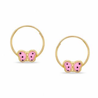 Child's Pink Enamel Butterfly Hoop Earrings in 14K Gold