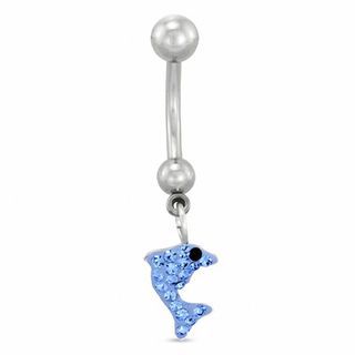 014 Gauge Dolphin Dangle Belly Button Ring with Blue Crystals in Stainless Steel