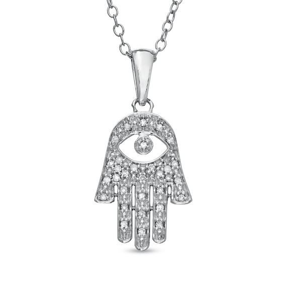 0.09 CT. T.W. Diamond Hamsa with Evil Eye Pendant in Sterling Silver