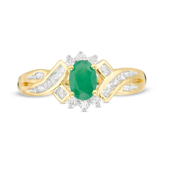 Oval Emerald and Lab-Created White Sapphire Ring in 10K Gold