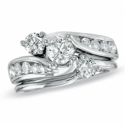 1.50 CT. T.W. Diamond Three Stone Slant Bridal Set in 14K White Gold