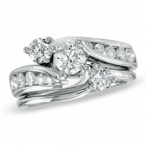 1.50 CT. T.W. Diamond Three Stone Slant Bridal Set in 14K White Gold