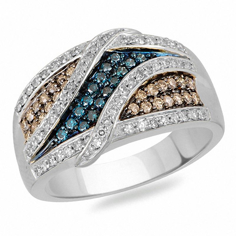0.63 CT. T.W. Champagne, White and Enhanced Blue Diamond Ring in 10K White Gold